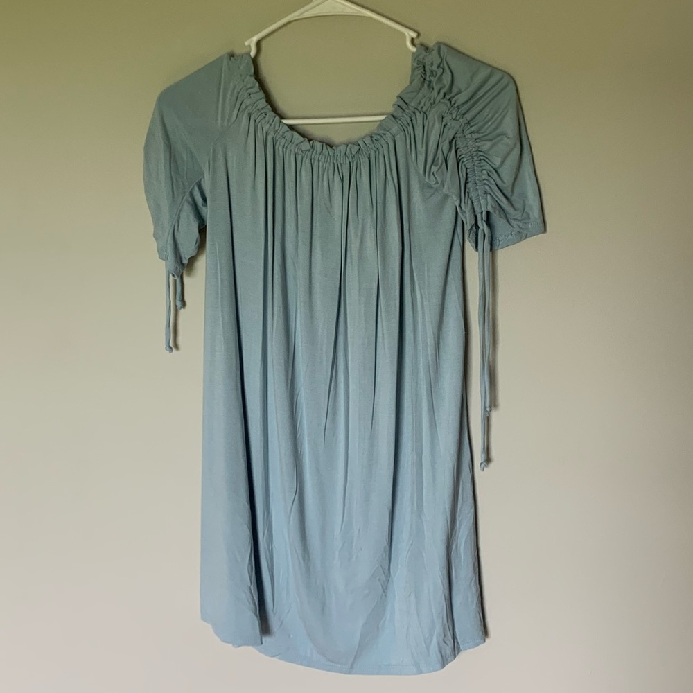 blue off the shoulder dress- dry goods